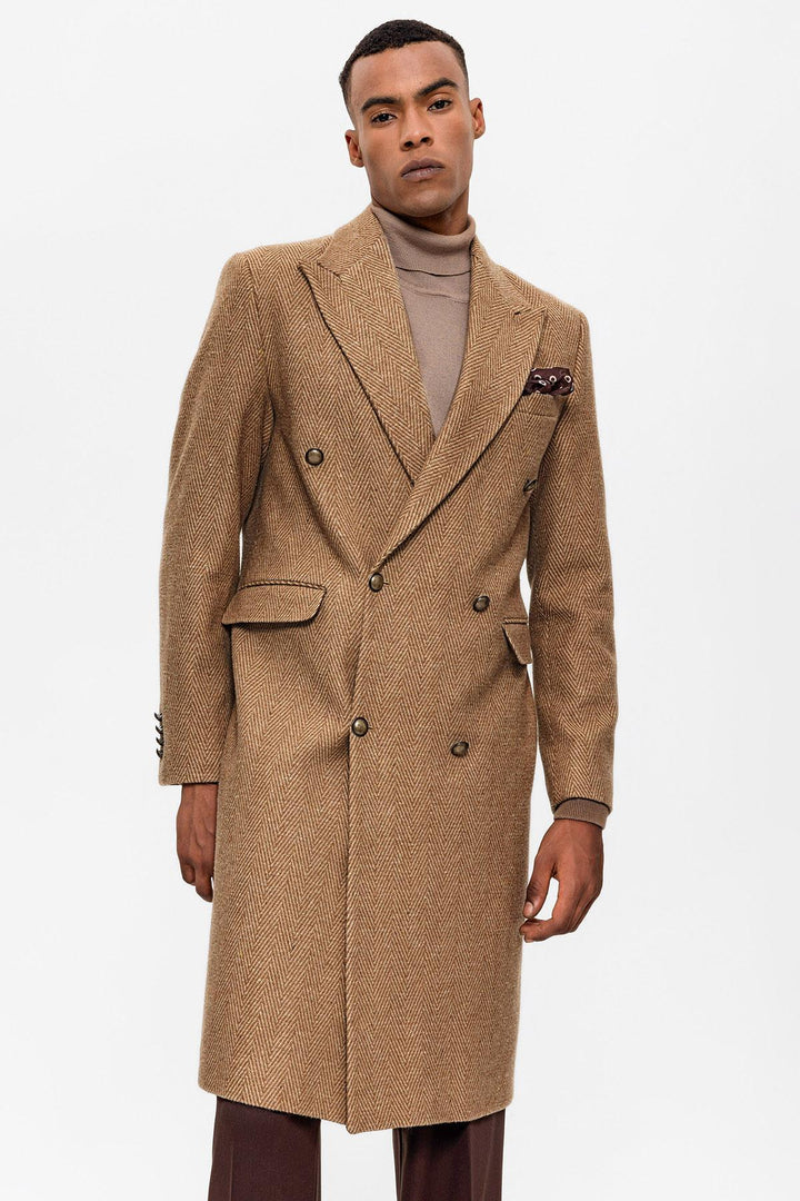 ANT Antioch Camel Herringbone Pattern Double-Breasted Men's Coat - Millcreek