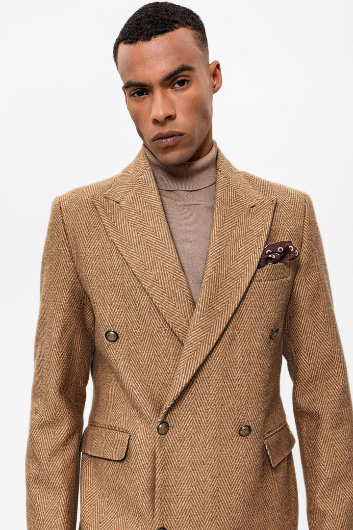 ANT Antioch Camel Herringbone Pattern Double-Breasted Men's Coat - Millcreek