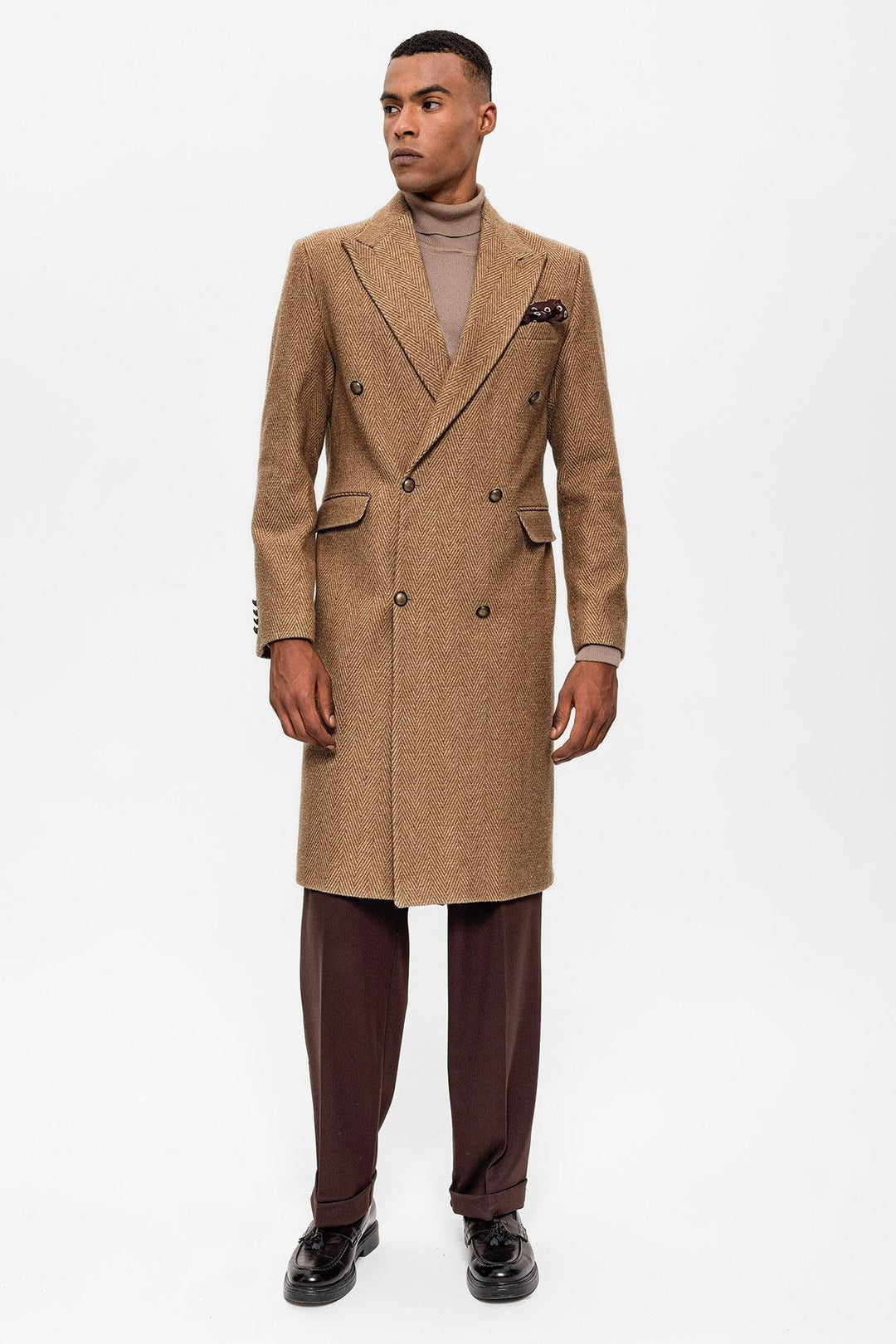 ANT Antioch Camel Herringbone Pattern Double-Breasted Men's Coat - Millcreek