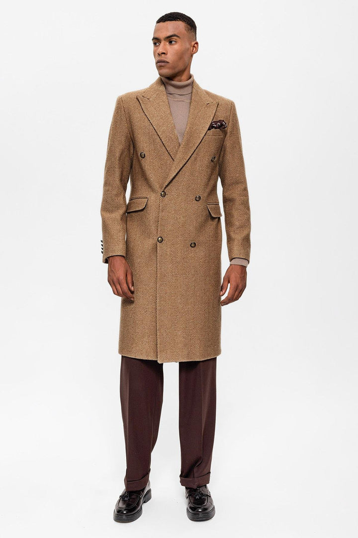 ANT Antioch Camel Herringbone Pattern Double-Breasted Men's Coat - Millcreek
