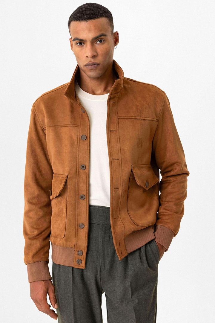ANT Stand Collar Suede Men's Coat with Waist Elastic - Euskirchen