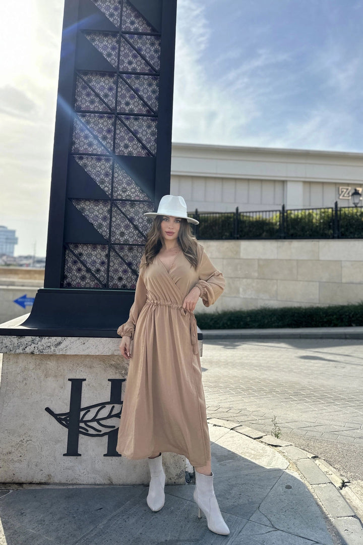 Camel Belted Wrap Dress BCBSK-25700-3431 - Cologno Monzese