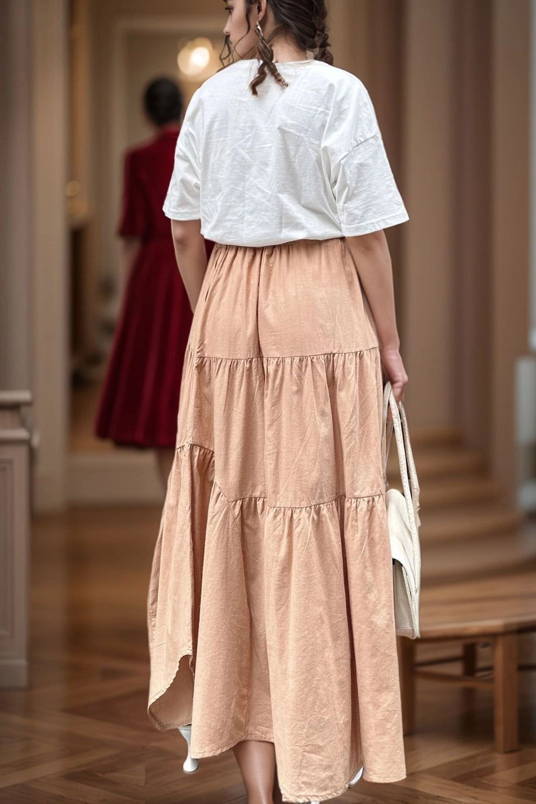 Camel Pocketed Elastic Waist Layered Voile Skirt BCBSK-25700-3574 - Wagga Wagga