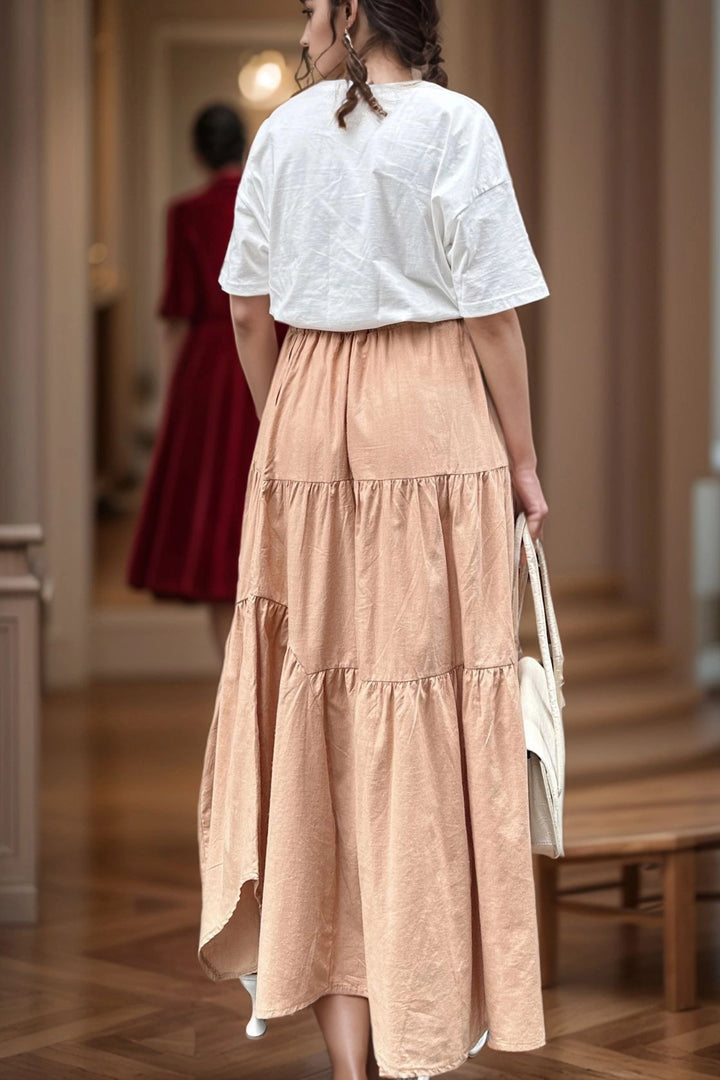 Camel Pocketed Elastic Waist Layered Voile Skirt BCBSK-25700-3574 - Wagga Wagga