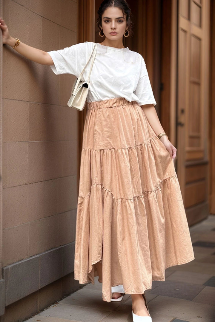 Camel Pocketed Elastic Waist Layered Voile Skirt BCBSK-25700-3574 - Wagga Wagga