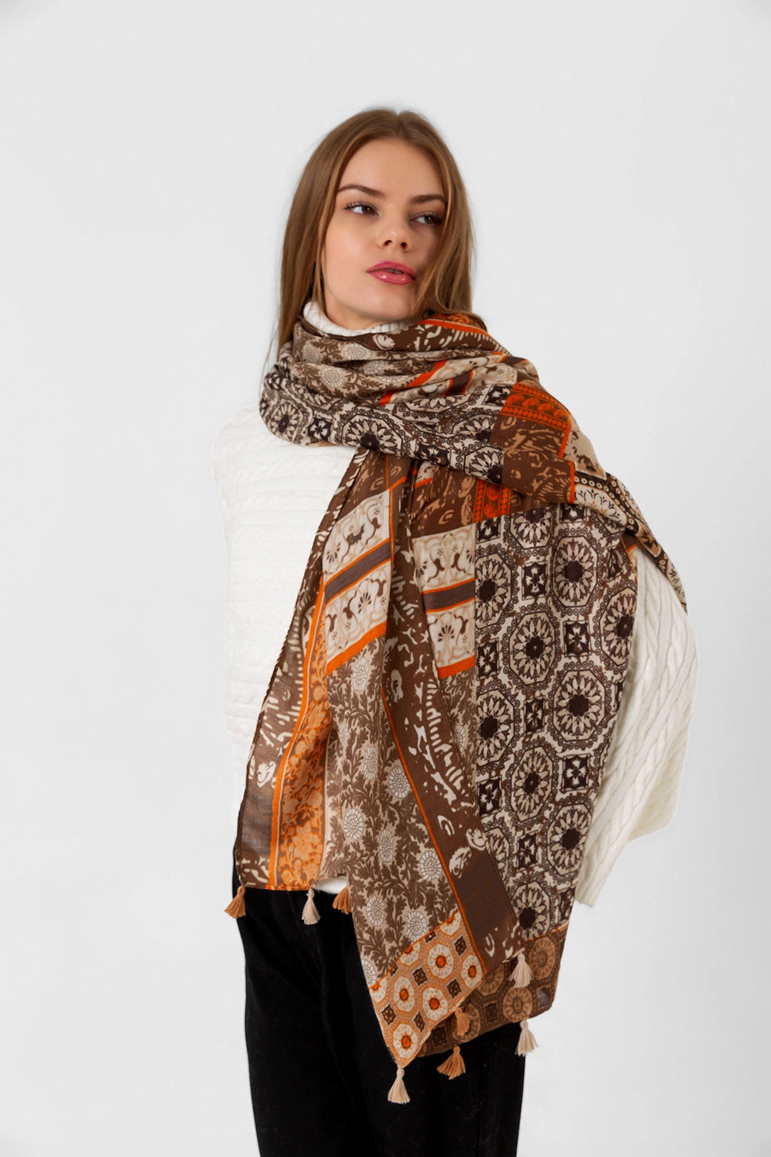 Camel Ethnic Patterned Fringed Shawl BCNSV-2515081 - Bastia