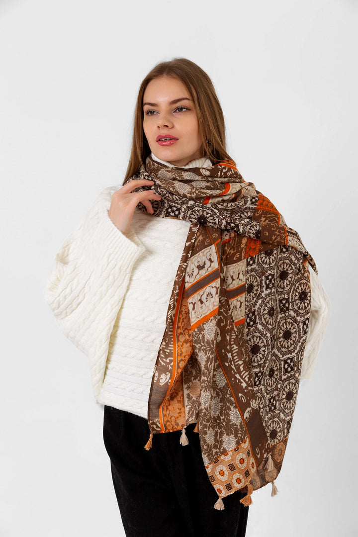 Camel Ethnic Patterned Fringed Shawl BCNSV-2515081 - Bastia