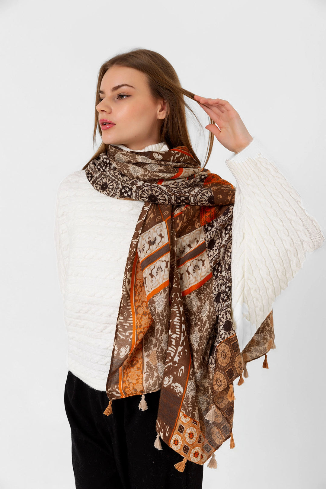 Camel Ethnic Patterned Fringed Shawl BCNSV-2515081 - Bastia