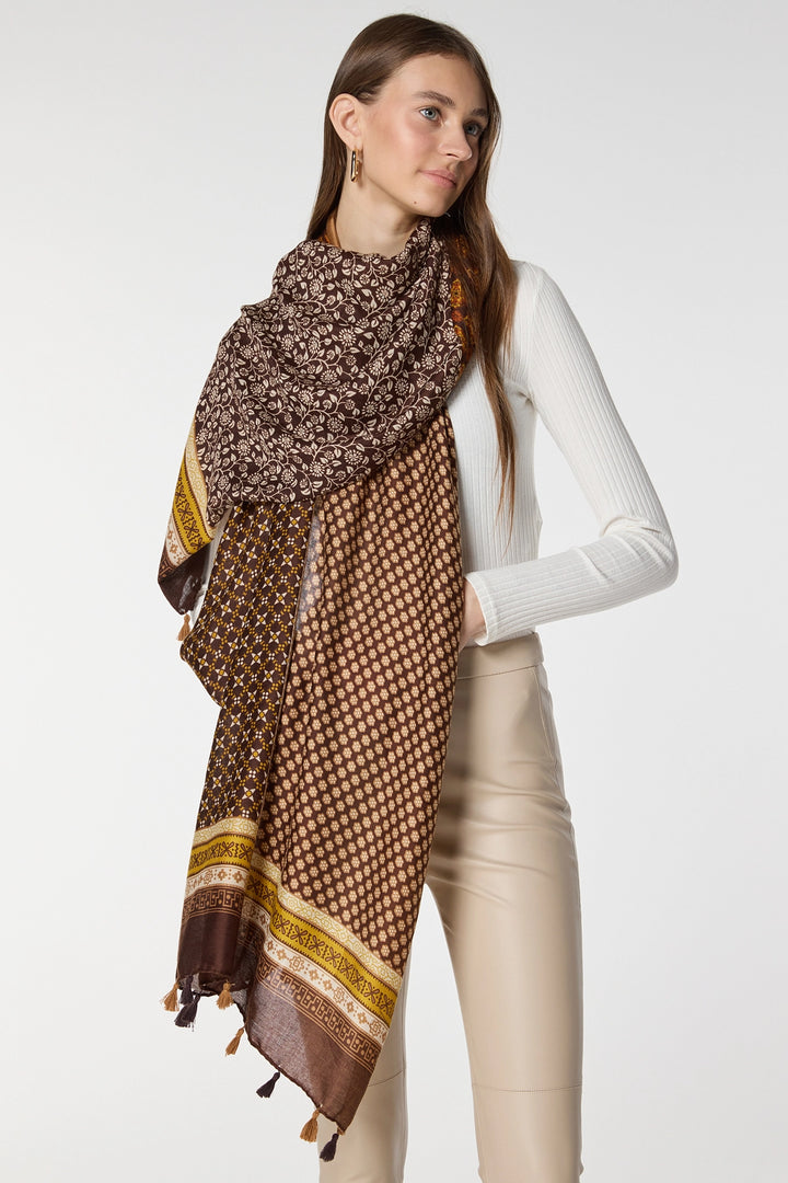 Camel Ethnic Patterned Fringed Shawl BCNSV-2515083 - Tizayuca
