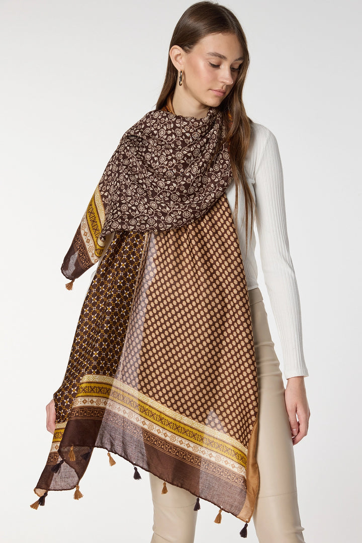 Camel Ethnic Patterned Fringed Shawl BCNSV-2515083 - Tizayuca