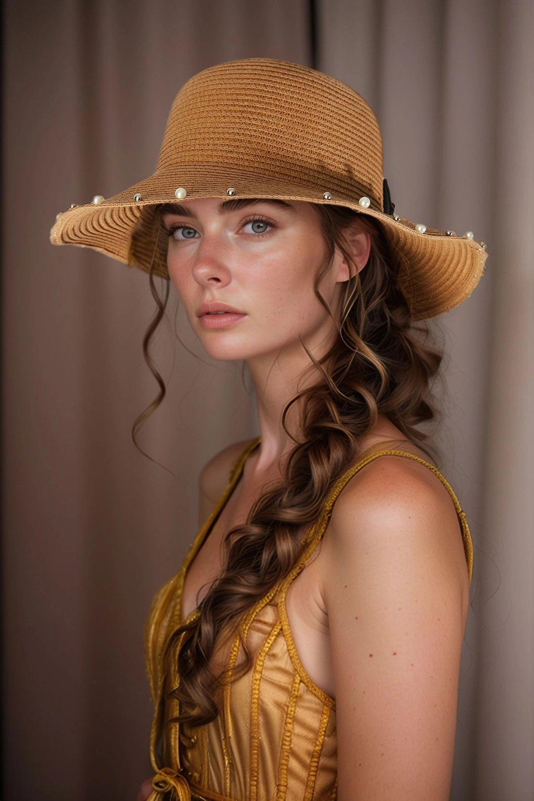 Camel Bow Detailed Beaded Straw Bucket Hat BCNSV-2514629 - Loveland