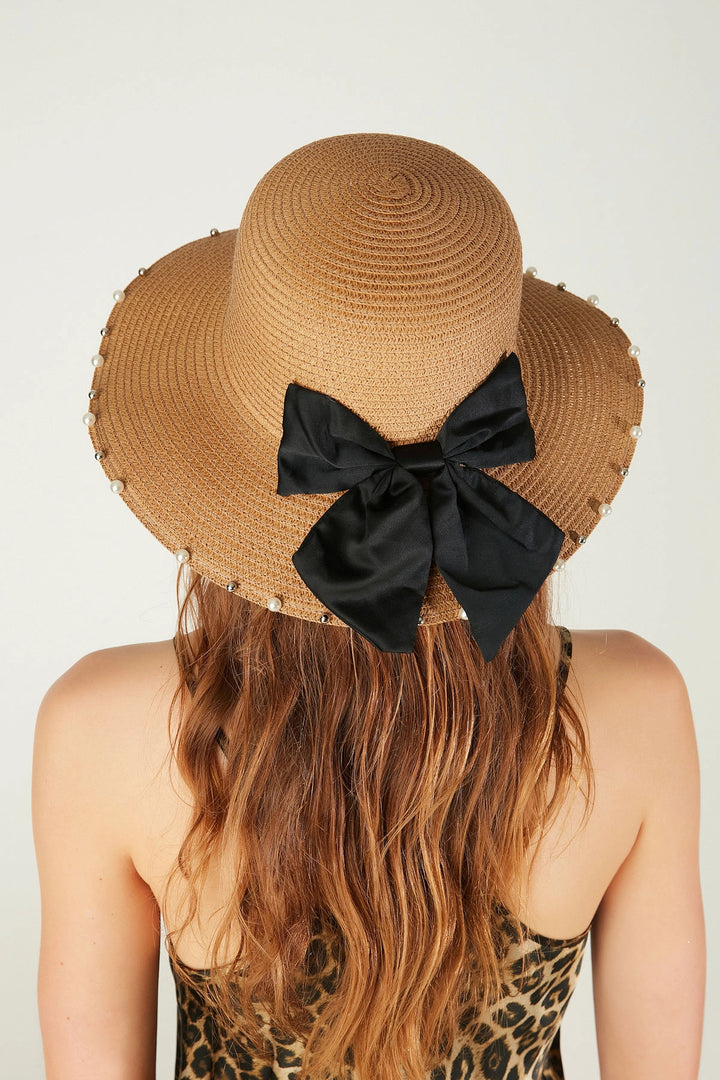 Camel Bow Detailed Beaded Straw Bucket Hat BCNSV-2514629 - Loveland