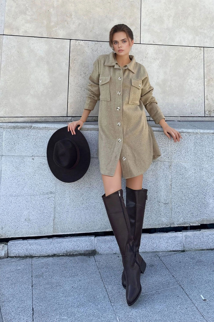 Camel Shirt Collar Buttoned Dress BCBSK-25700-3270 - Porirua