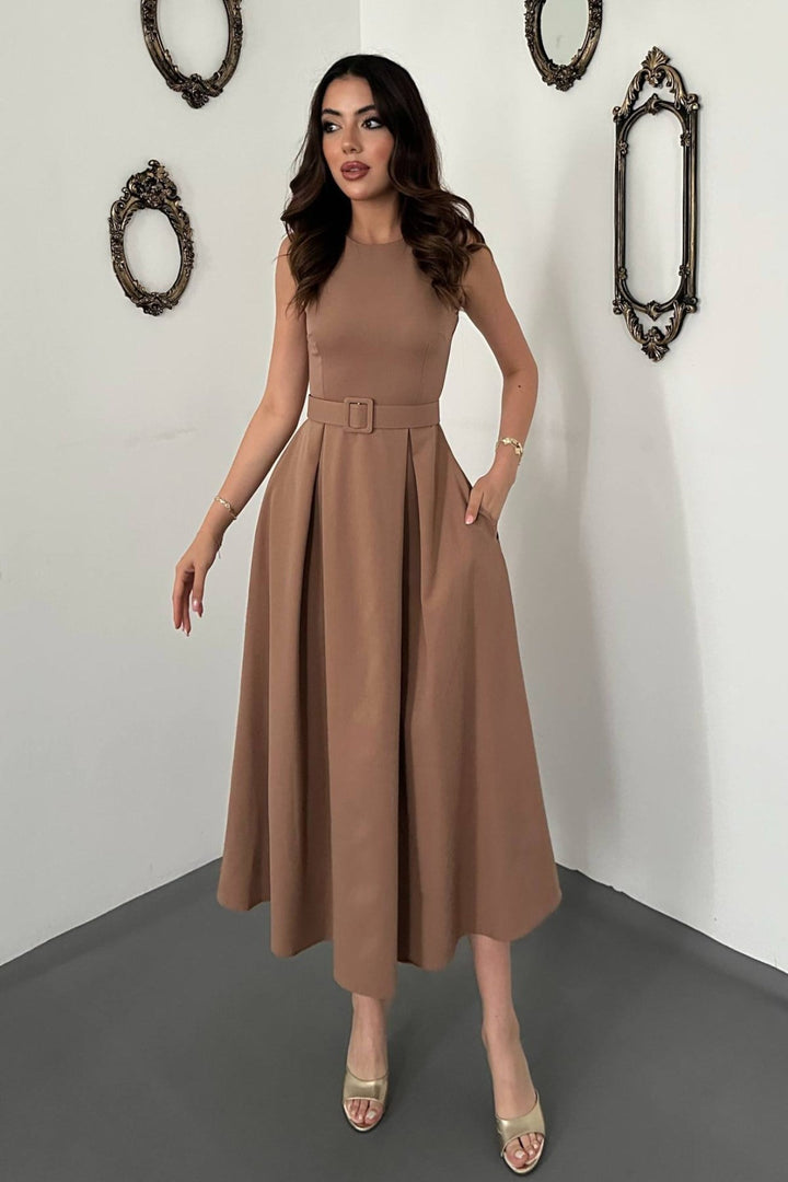 ELS Camel Halter Yaka Kloş Elbise - Winsford
