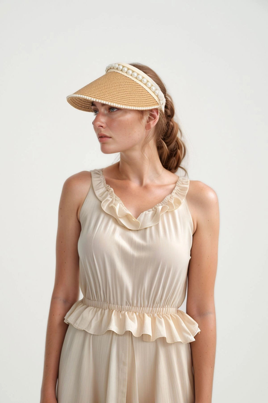 Camel Straw Top Tennis Cap with Pearl Stone Visor BCNSV-2514565 - Alexandria