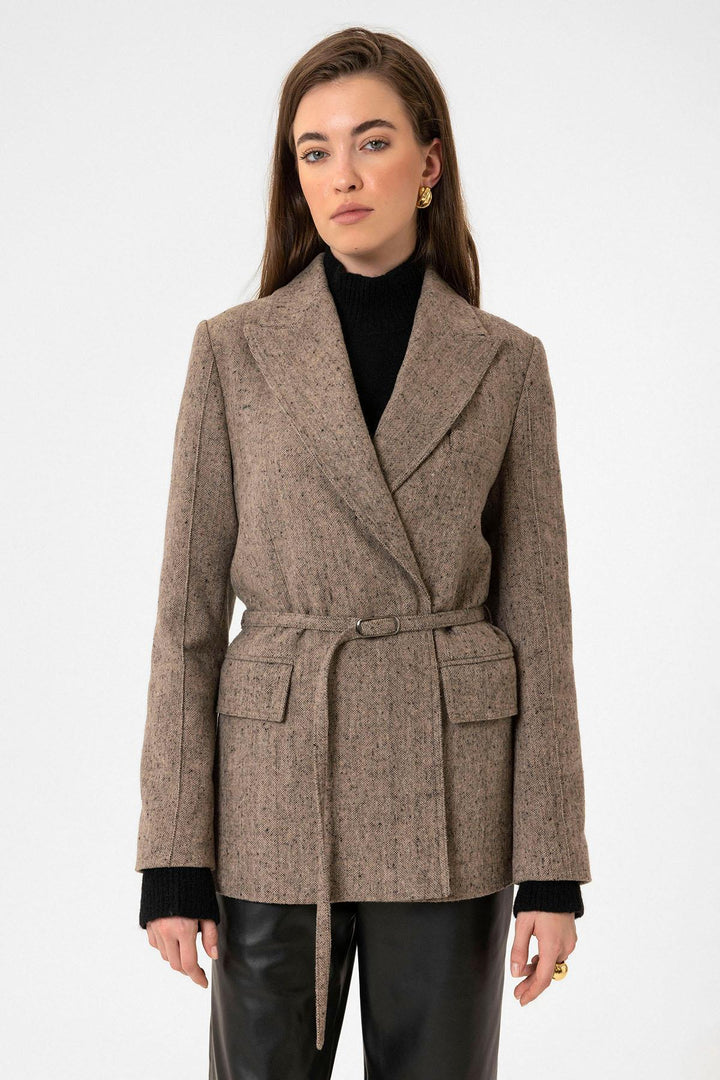 ANT Antioch Camel Women's Belted Textured Blazer Jacket - Madison