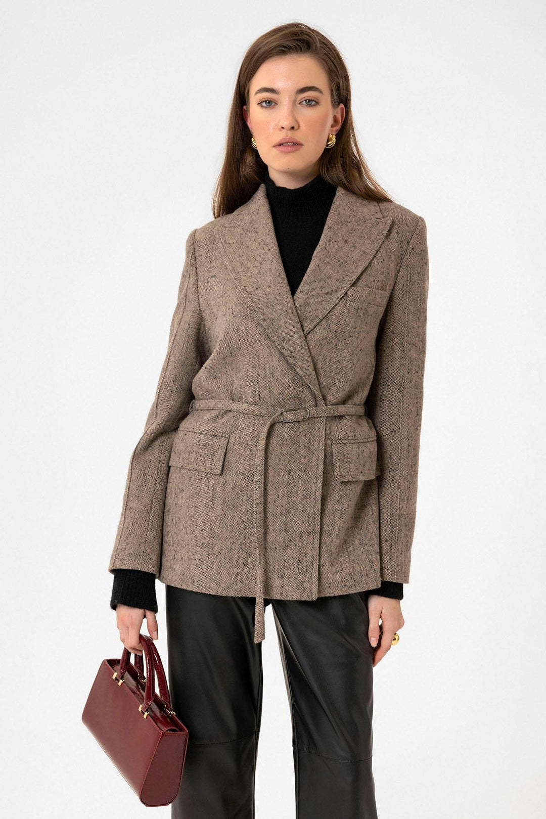 ANT Antioch Camel Women's Belted Textured Blazer Jacket - Madison