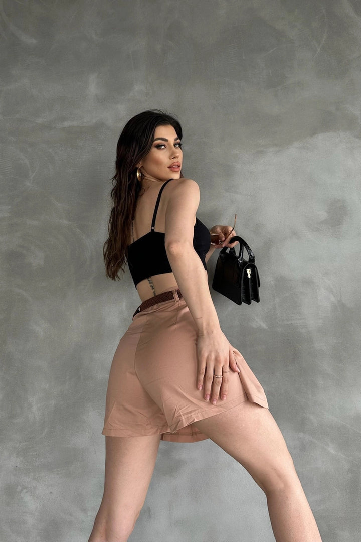 Camel Belted Detailed Gabardine Shorts Skirt BCDF-247708 - Houma