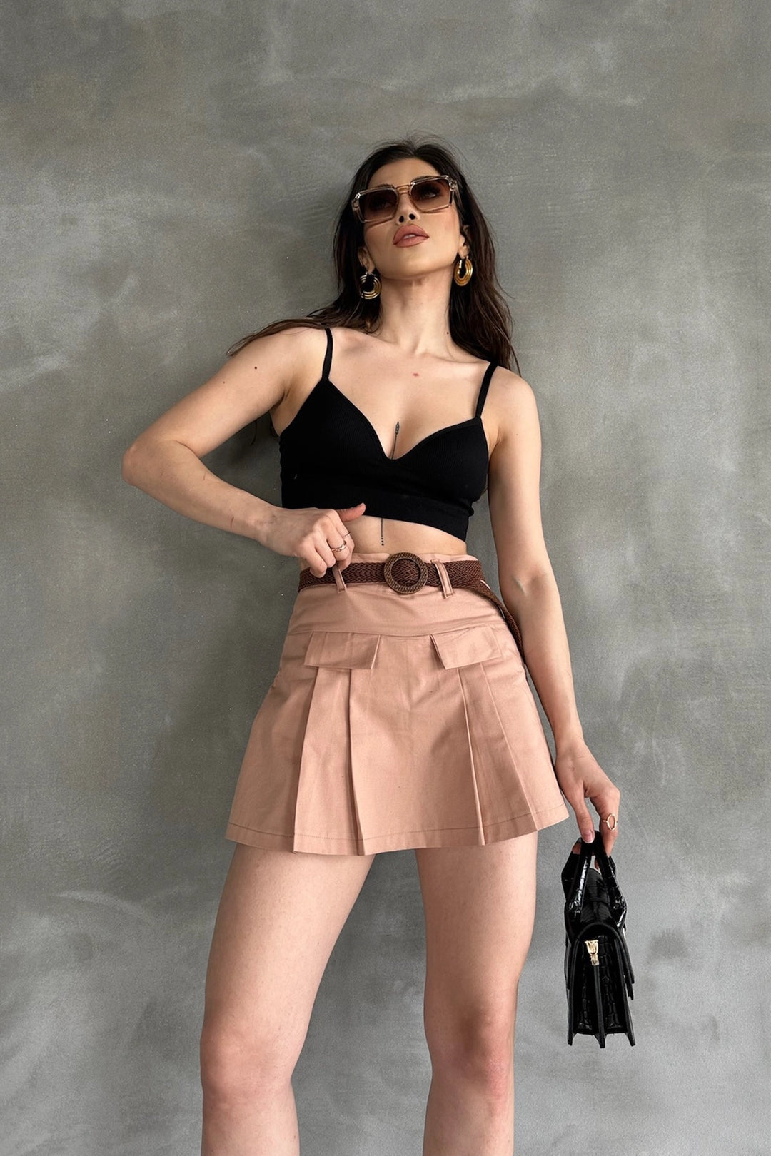 Camel Belted Detailed Gabardine Shorts Skirt BCDF-247708 - Houma