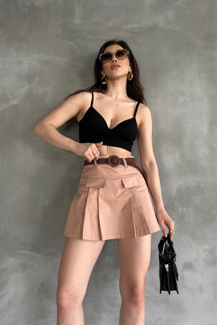 Camel Belted Detailed Gabardine Shorts Skirt BCDF-247708 - Houma