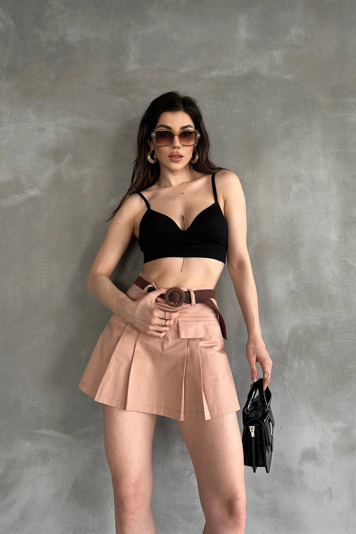 Camel Belted Detailed Gabardine Shorts Skirt BCDF-247708 - Houma