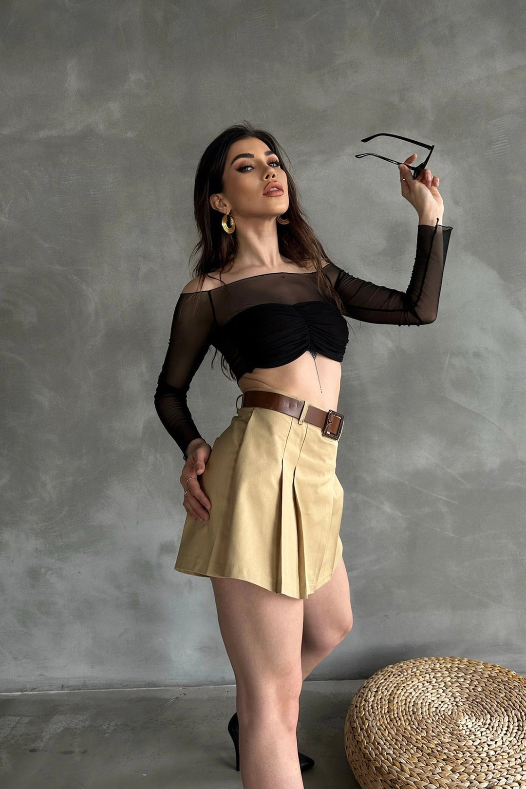 Camel Self-Belted Pleated Skirt with Shorts BCDF-237707 - Póvoa de Varzim