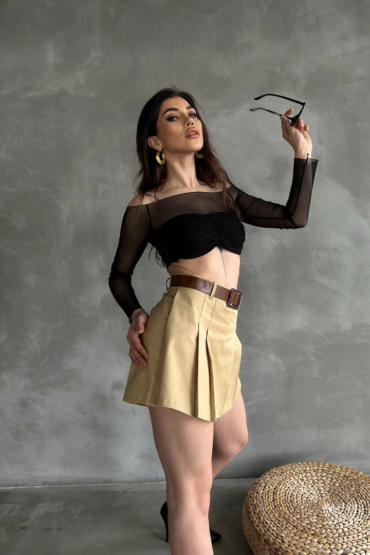 Camel Self-Belted Pleated Skirt with Shorts BCDF-237707 - Póvoa de Varzim