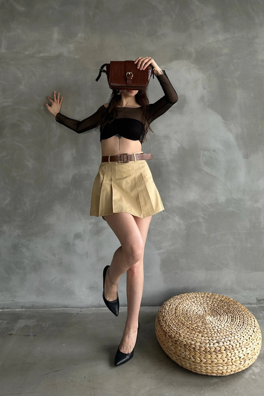 Camel Self-Belted Pleated Skirt with Shorts BCDF-237707 - Póvoa de Varzim