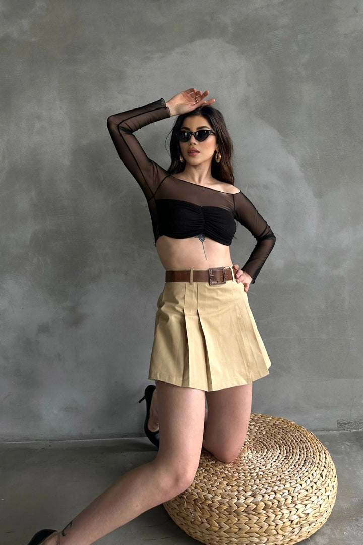 Camel Self-Belted Pleated Skirt with Shorts BCDF-237707 - Póvoa de Varzim
