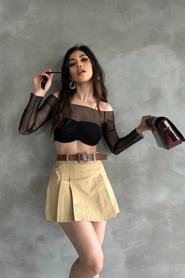 Camel Self-Belted Pleated Skirt with Shorts BCDF-237707 - Póvoa de Varzim
