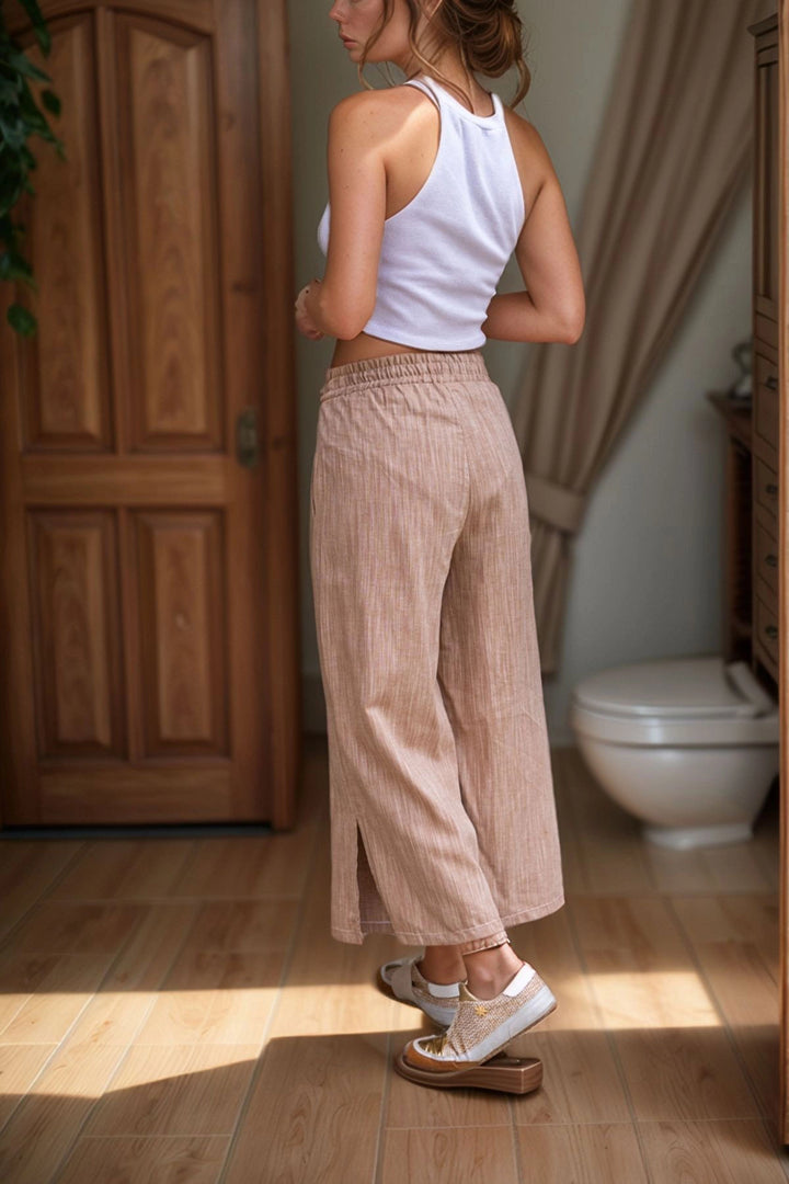 Camel Linen High Waist Elastic Waistband Loose Fit Capri Pants with Slit Pockets BCBSK-25700-3404 - Quincy