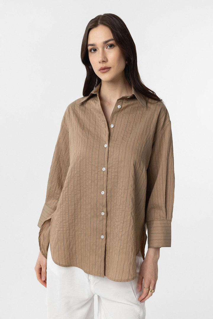 ANT Antioch Camel Modal Fabric Striped Women's Shirt - Ponte de Lima