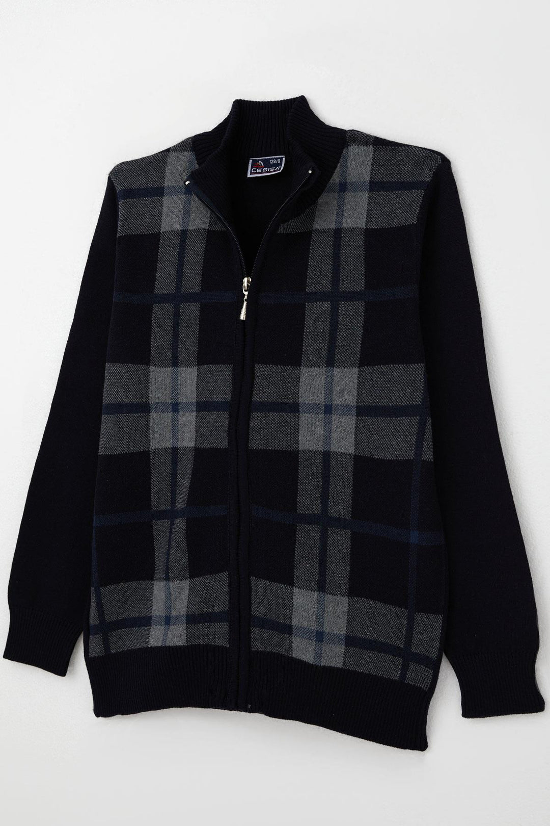 BRE Cegısa Erkek Çocuk Triko Hırka Fermuarlı Ekose Desenli 6-9 Yaş, Lacivert - Draper