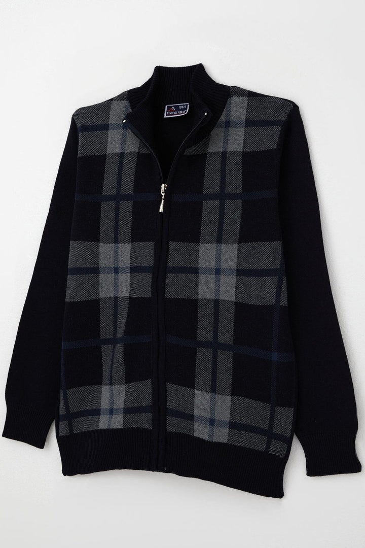 BRE Cegısa Erkek Çocuk Triko Hırka Fermuarlı Ekose Desenli 6-9 Yaş, Lacivert - Draper