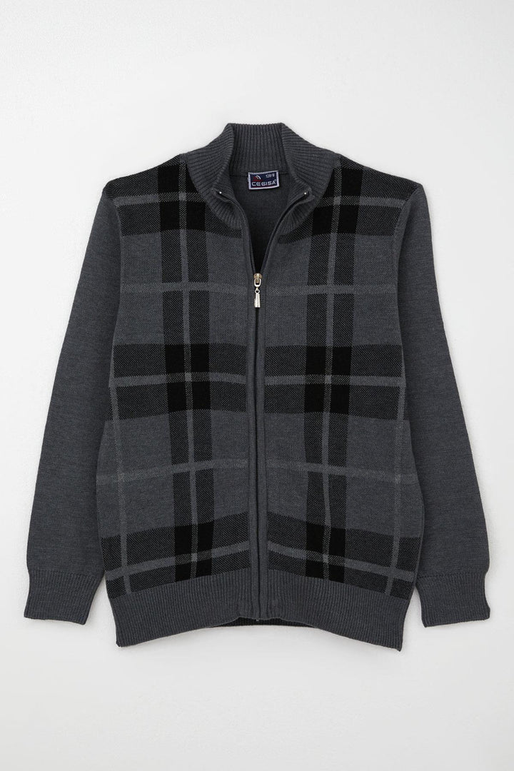BRE Cegısa Boy's Sweater with Zipper Plaid Pattern 6-9 Years, Gray - Deurne