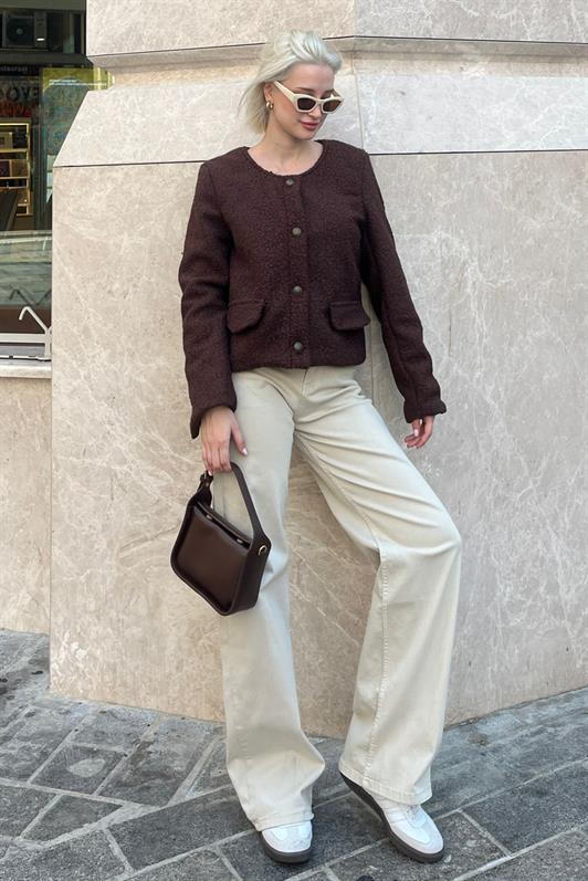 MDX Brown Buttoned Boucle Knit Jacket with Pocket Detail MG2170 - Rotherham