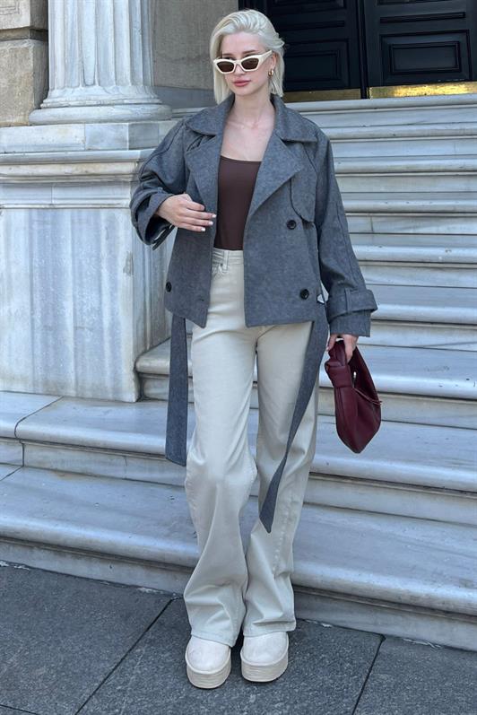 MDX Anthracite Double Breasted Shawl Collar Short Belted Jacket MG2174 - Holubivske