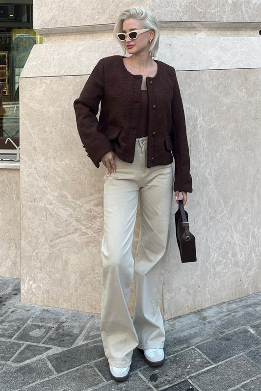 MDX Brown Buttoned Boucle Knit Jacket with Pocket Detail MG2170 - Rotherham