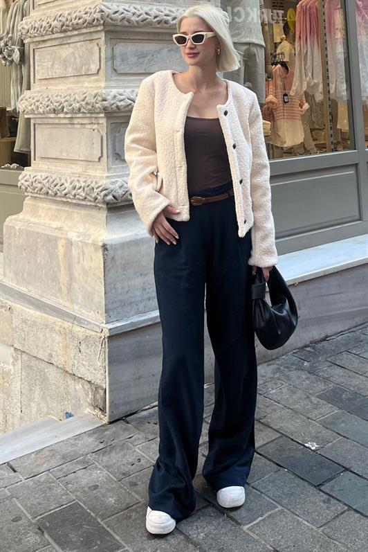 MDX Beige Buttoned Boucle Knit Jacket with Pocket Detail MG2170 - Villepinte