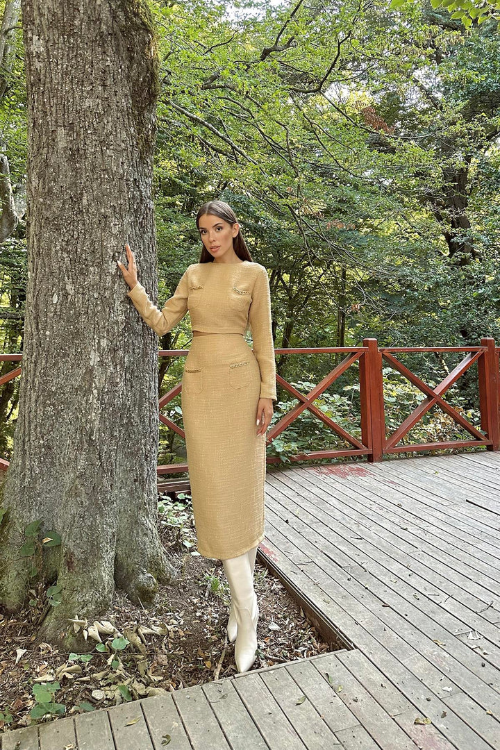 ELS Pocket Chain Blouse and Skirt Set - Camel - Melun