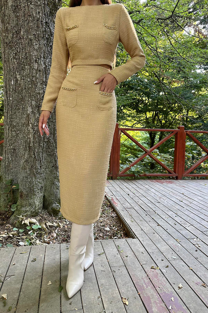 ELS Pocket Chain Blouse and Skirt Set - Camel - Melun
