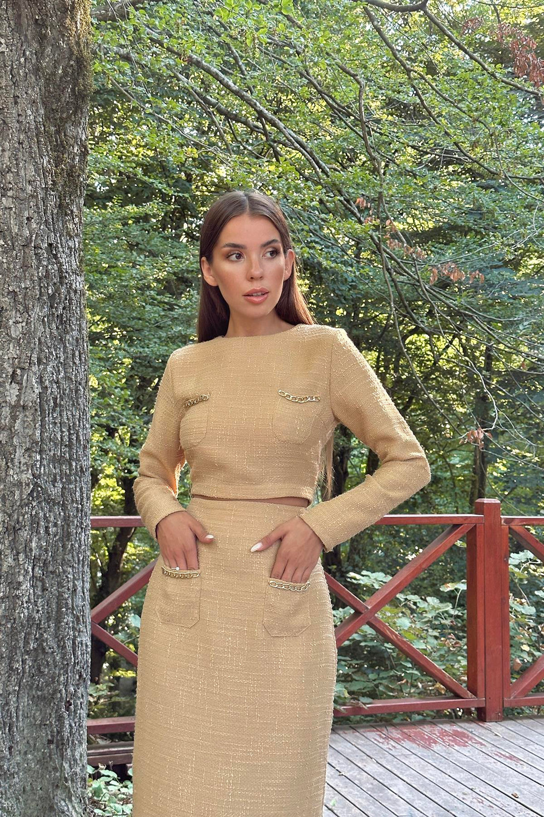 ELS Pocket Chain Blouse and Skirt Set - Camel - Melun