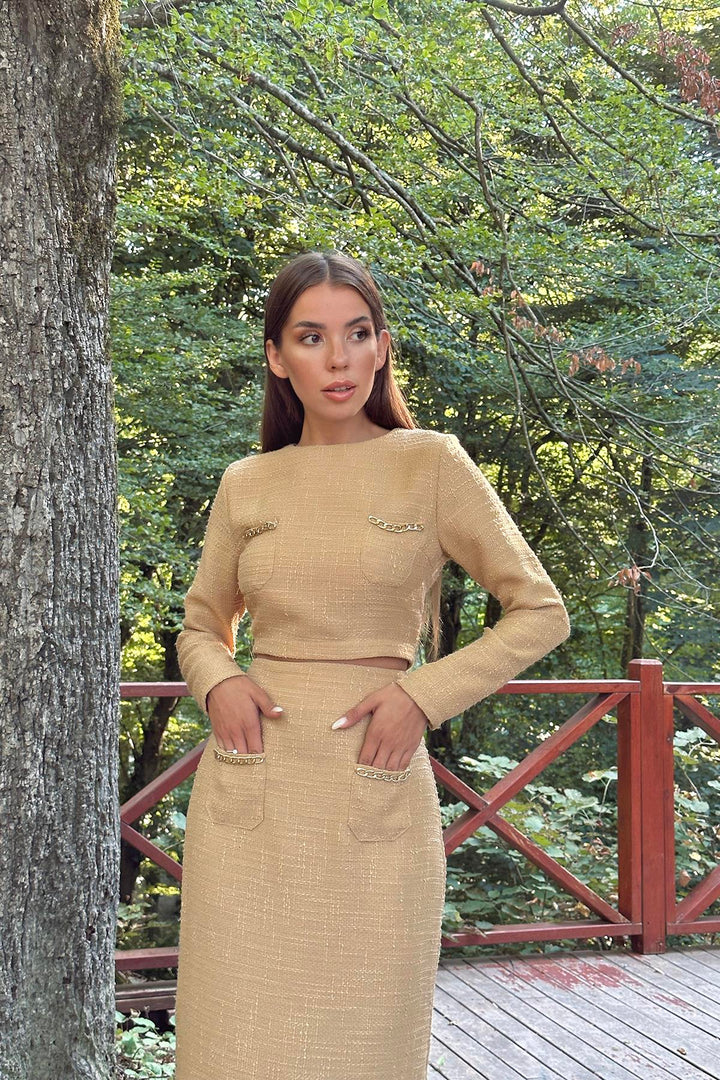 ELS Pocket Chain Blouse and Skirt Set - Camel - Melun