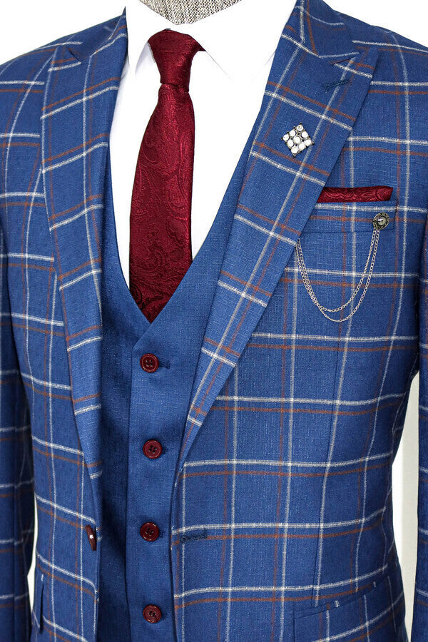WSS Checked Blue Men Suit  - Elgin