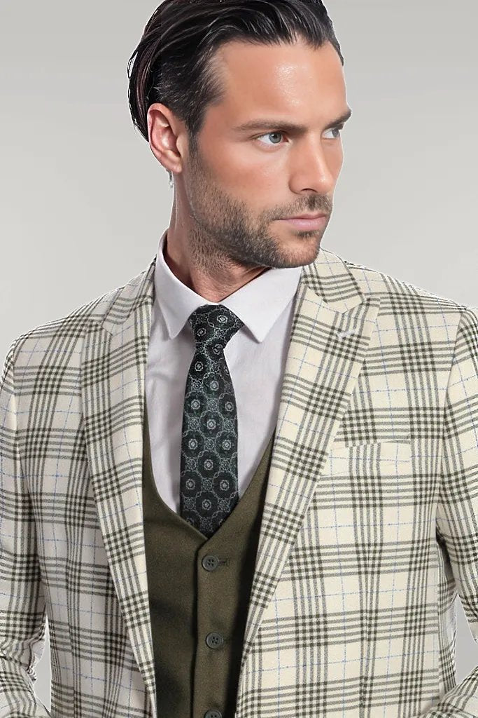 WSS Checked Slim Fit Green Men Suit  - Singen