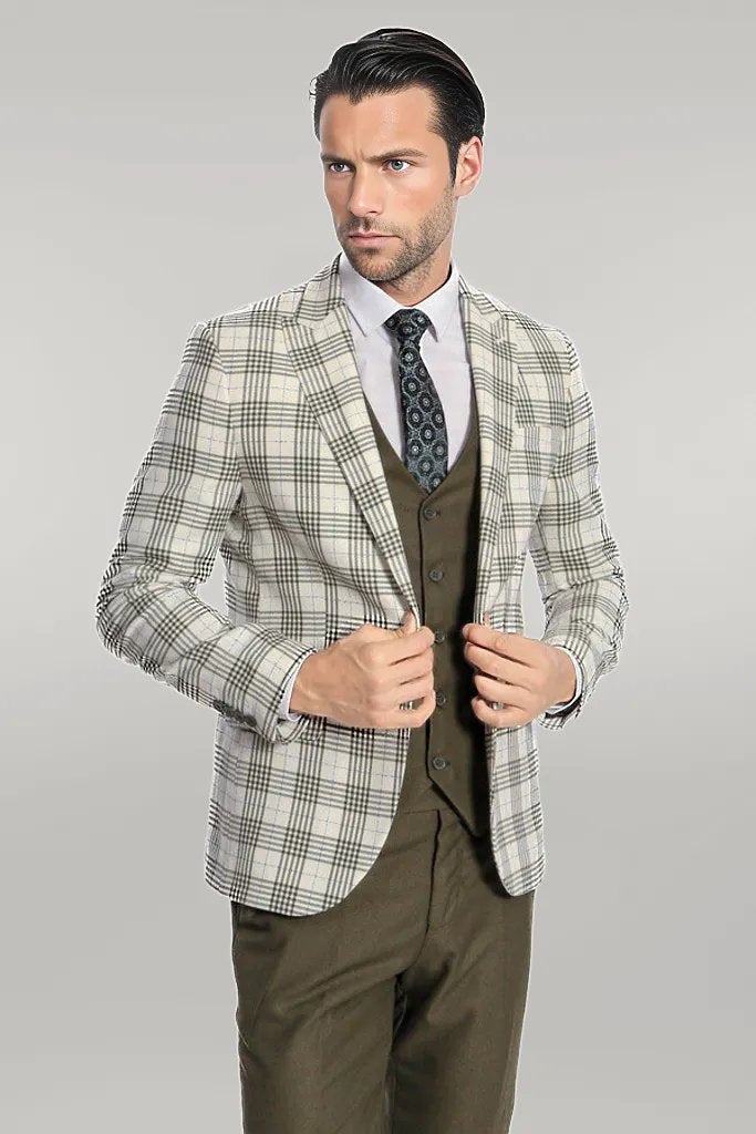 WSS Checked Slim Fit Green Men Suit  - Singen