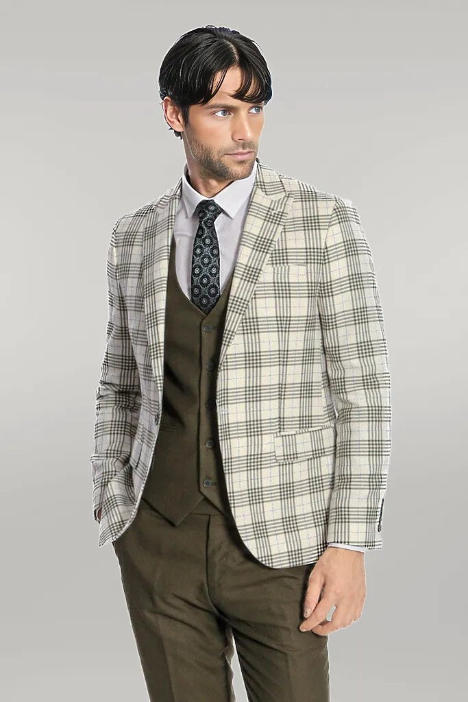 WSS Checked Slim Fit Green Men Suit  - Singen