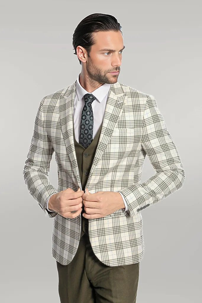 WSS Checked Slim Fit Green Men Suit  - Singen