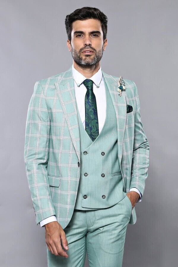 WSS Checked Light Green Vested Suit  - Tlalmanalco