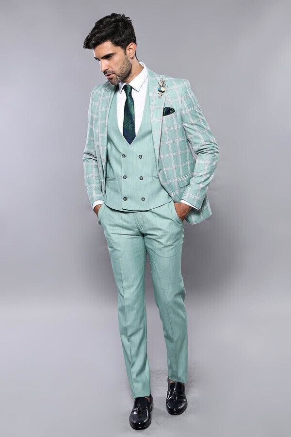 WSS Checked Light Green Vested Suit  - Tlalmanalco